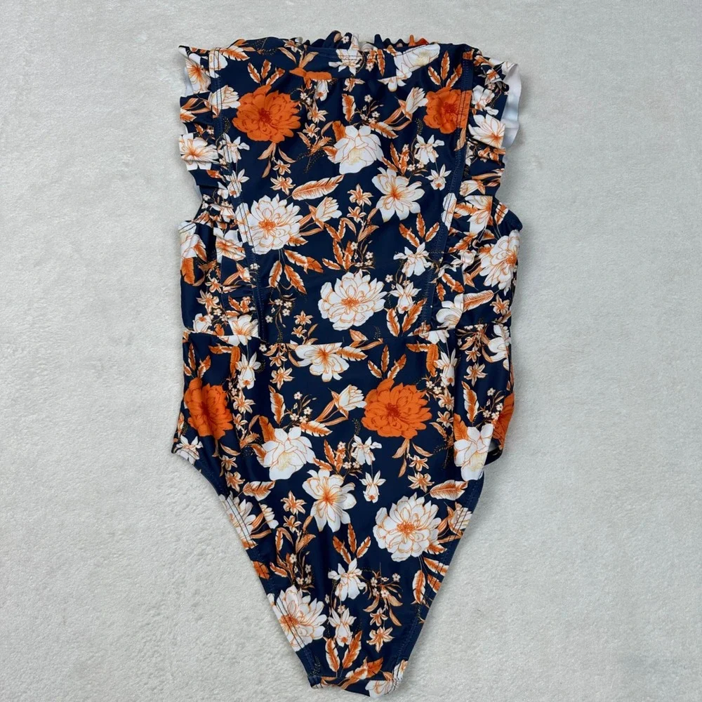 SHEIN Kids Floral One Piece Swimsuit Navy Orange Ruffle Mock Neck Zipper Size 8Y